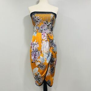 SHEIKE 10 Strapless Orange Draped Tulip Satin Dress Floral Cocktail Party Resort